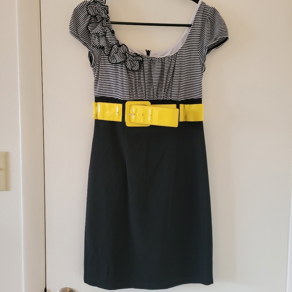 Black and white pencil dress with yellow belt